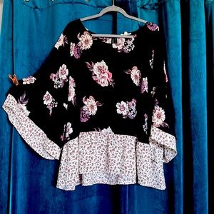 Loralette black floral blouse with half bell sleeves with velvet details in 3x